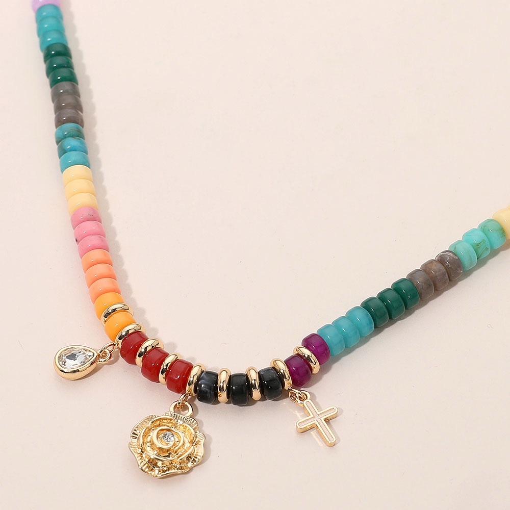 Flower Cross Teardrop Stone Cluster Charm Multi Color Beaded Necklace